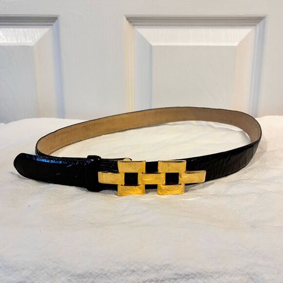 Black Leather Croc-Embossed Belt Gold Buckle Size S/M main image 6